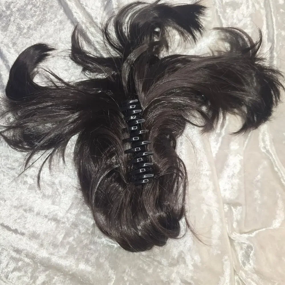 Short brown clip in extensions with wires hidden to add body to your bun!